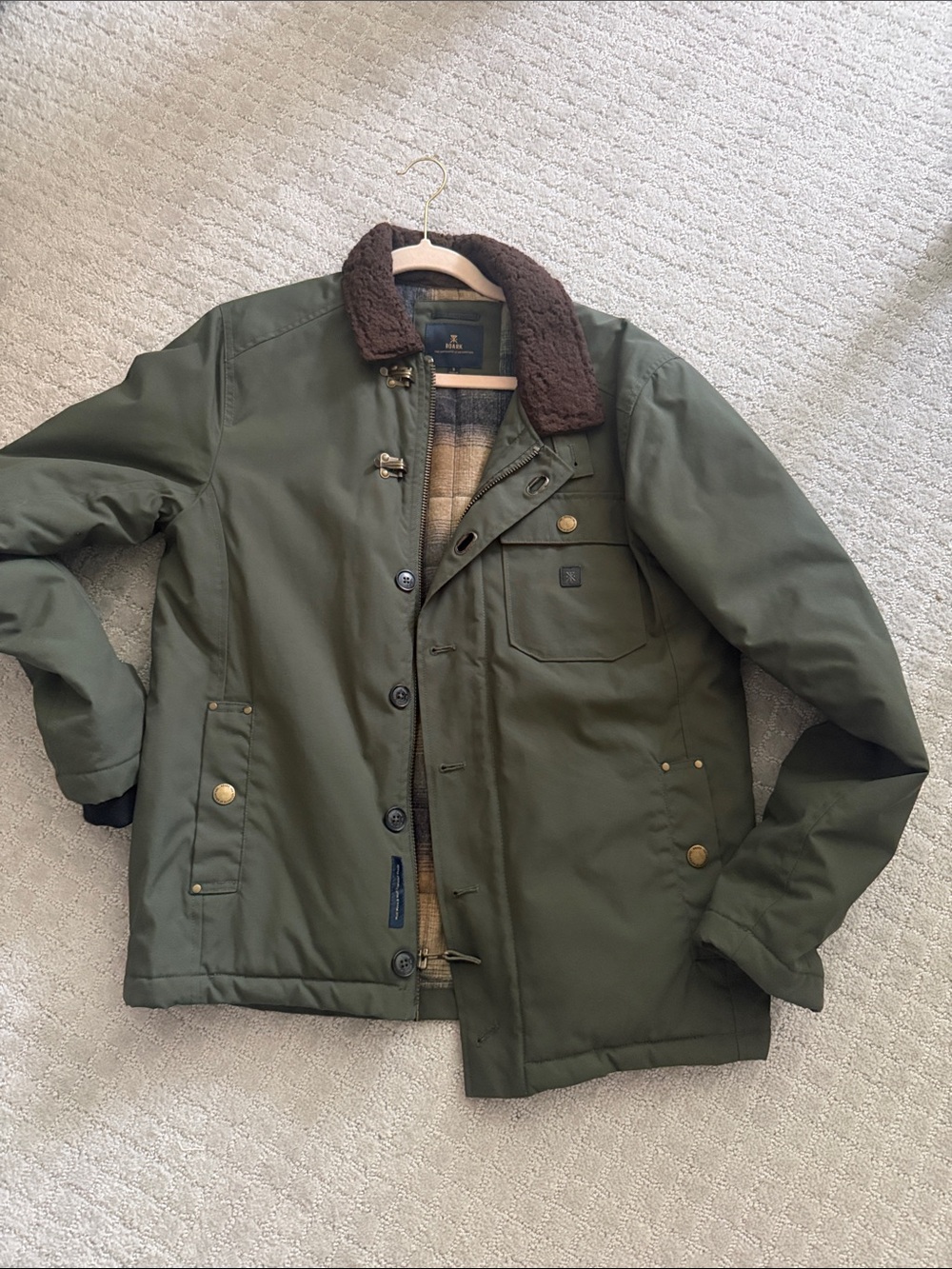 Roark Olive Green Field Jacket with Brown Sherpa Collar